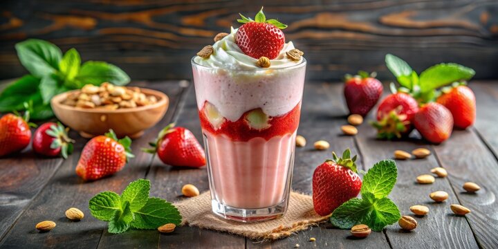 Freshly blended strawberry falooda milkshake garnished with sprigs of mint and topped with whipped cream, strawberries, and crushed nuts in a tall glass.