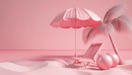 3d deck chair with palm tree, umbrella and coconuts on the white sand on seaside