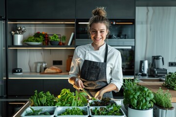 A smiling female chef in a modern, well-equipped kitchen joyfully chops fresh herbs with various pots of plants and vegetables arranged on the counter.