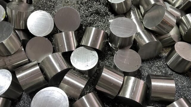 Stack of stainless steel rods in a container box.Steel bar cutting. The raw material for manufacturing by CNC milling machine.