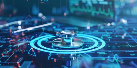 A glimpse into modern healthcare technology advancements featuring digital interfaces and a stethoscope