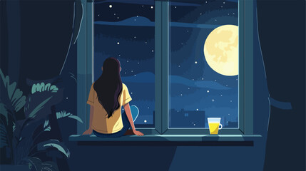 Young Woman Looking at Stars Through Window