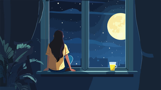 Young Woman Looking at Stars Through Window