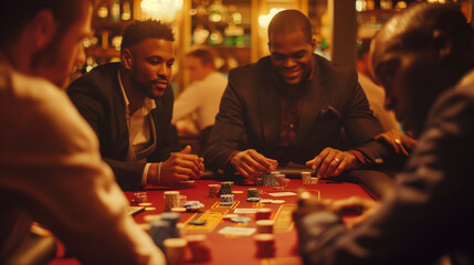 a group of men at a bachelor party playing poker in a private lounge, with stacks of chips and cards on the table