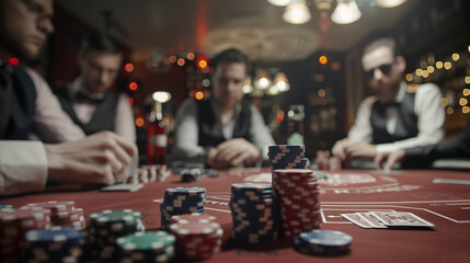 a group of men at a bachelor party playing poker in a private lounge, with stacks of chips and cards on the table