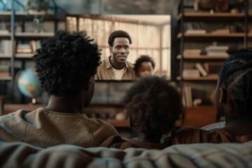 A family of four, sitting on a couch, watches TV together in a cozy living room, spending quality time and enjoying the moment with smiles and a comfortable atmosphere.