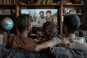 Obraz premium A family of three is sitting on a sofa watching TV together in a cozy living room with a globe and bookshelves in the background, offering a homely atmosphere.