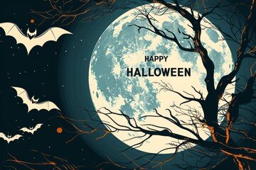 illustration of a Halloween full moon with bats and a tree on a dark background 