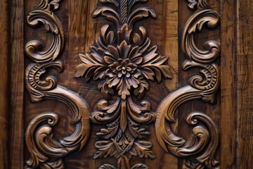 Carved Wooden Doors Closeup. Abstract Artwork with Antique Brown Background