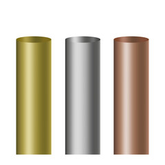Gold, silver, copper. Three metal pipes. Shiny cylindrical tubes. Vector illustration.