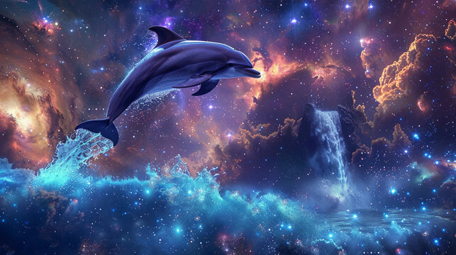 A dolphin is flying through the sky above a waterfall
