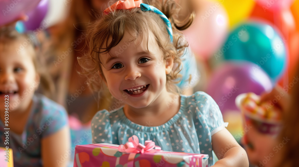 Sticker a young child opening presents at a birthday party, surrounded by balloons and friends