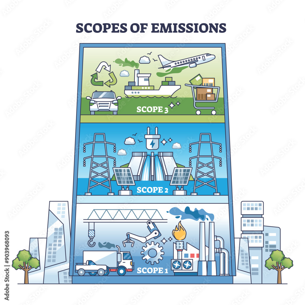 Poster scopes of emissions with co2 sources as building floors outline diagram. labeled scheme with transpo