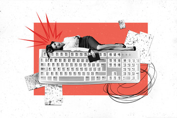 Trend artwork sketch photo collage of workspace business boss headache office manager young lady worker tired exhousted lying keyboard