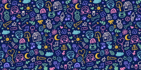 Hand drawn colorful seamless pattern charcoal doodle shapes in childish style. Chalk kids drawings, simple decorative vector elements. Collection of scribble, flower, sun, cloud