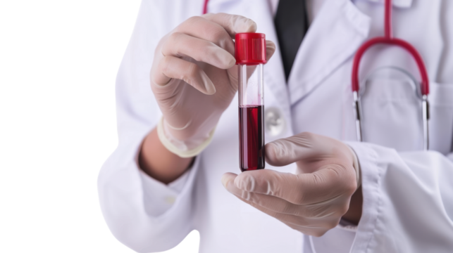 Doctor's hand holding a blood test tube on transparent background
