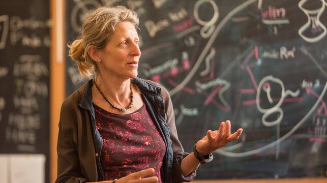 a teacher in a classroom, standing in front of a blackboard, explaining a math problem