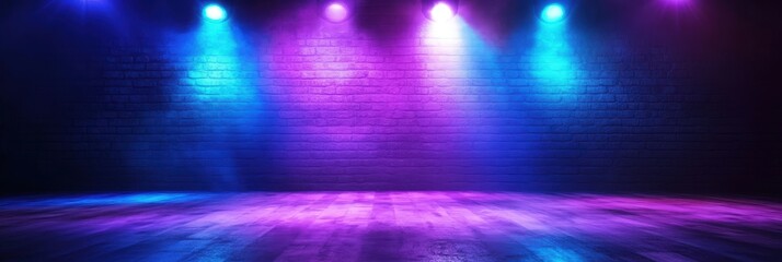  A stage with blue and purple lights shining on the wall , Empty room with neon brick wall , fog, light