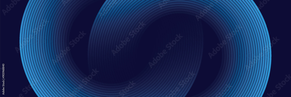 Wall mural abstract blue glowing geometric lines on dark blue background. modern shiny blue circle lines patter