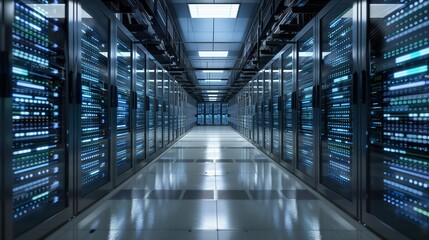 Technology Hubs: Modern Server Room with Rows of Advanced Data Storage Units. High-Tech Infrastructure Showcasing Cutting-Edge Computing Power, Network Connectivity, and Cloud Solutions for Enterprise