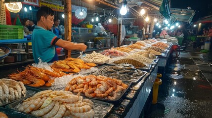 Obraz premium of a busy seafood market. Vendor in blue shirt and white hat preparing shrimp. Fresh seafood on display. A lively atmosphere with an on-site restaurant.
