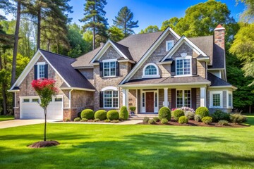Luxurious modern American-style residential house with a perfectly manicured lawn, surrounded by tall trees, and a prominent for sale sign displayed outside the front entrance.