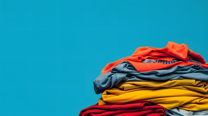 A pile of colorful tshirts. arranged neatly on top of each other. against a blue background 