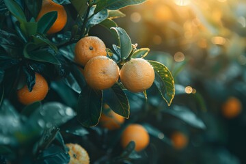Sunlit orange on a tree in an orchard, representing the freshness and vibrancy of citrus fruits.
