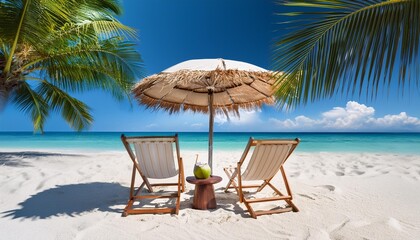 Obraz premium 3d deck chair with palm tree, umbrella and coconuts on the white sand on seaside
