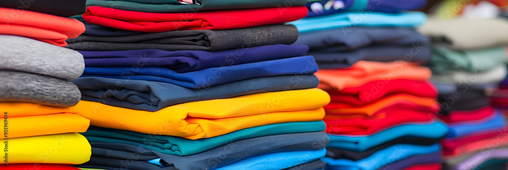 Poster a pile of colorful tshirts. arranged neatly on top of each other with different colors and sizes