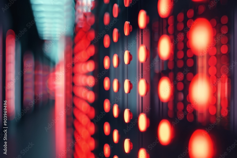 Poster a futuristic atmosphere in a server room with red led lights, creating a hightech feel in a blurred 