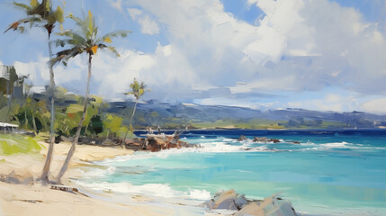 Tropical beach landscape with palm trees under bright summer sky