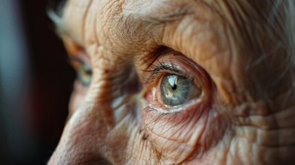 Obraz premium Elderly woman's cloudy right eye, surrounded by deep wrinkles, hints at potential cataracts. Serious mood, with yellowed eye whites, in a dark room setting.