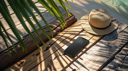 Wooden deck by the sea with a straw sun hat and smartphone showing cloudy weather. Peaceful setting with greenery, blue sea, and white sky.