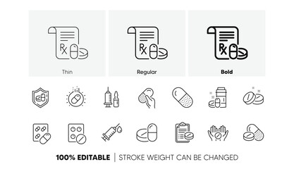 Healthcare, Prescription and Pill signs. Medical drugs line icons. Pharmacy drugs, recipe pill icons. Antibiotic capsule, syringe vaccination. Linear set. Line icons set. Vector