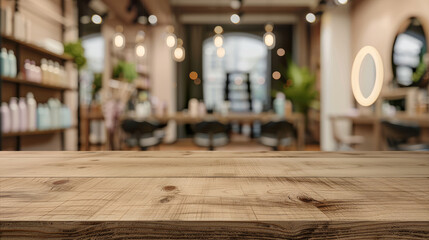  an empty brown wooden tabletop to be used for product display in a beauty and hair salon, you might want to create a setting that complements the salon's modern and stylish aesthetic. 