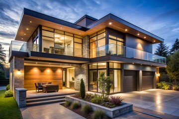 Fototapeta premium Contemporary luxury home with sleek lines, expansive windows, and modern fixtures, bathed in warm night lighting, showcasing a sophisticated and inviting living space.
