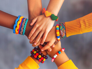 Four hands together Decorate with colorful friendship bracelets.