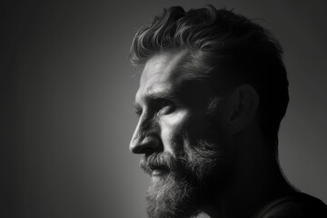 Side view of mature male in close-up Close-up view of bearded, mature male in pensive pose, black and white