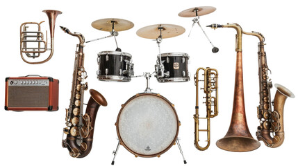 Jazz music instrument set focused on transparent background