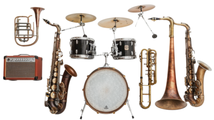 Jazz music instrument set focused on transparent background