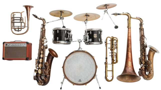 Jazz music instrument set focused on transparent background