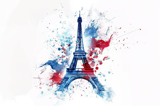 logo design, Eiffel Tower with brush strokes in blue and red, white background, professional vector logo for graphic designer, vector graphics, flat style, digital art, watercolor painting 