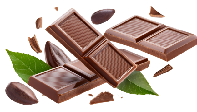 Delicious chocolate bars with cocoa leaves and beans, perfect for dessert, baking, or indulgent treats.