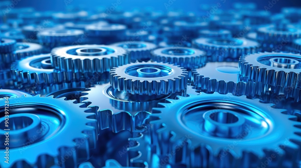 Poster close-up view of metallic gears in a blue tone, showcasing intricate details and precision in mechan