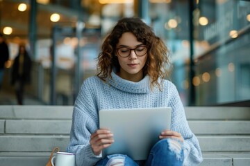 A woman wearing glasses and a grey sweater works on her laptop, sitting indoors on steps with a cup of coffee beside her, exuding a scholarly yet modern vibe.