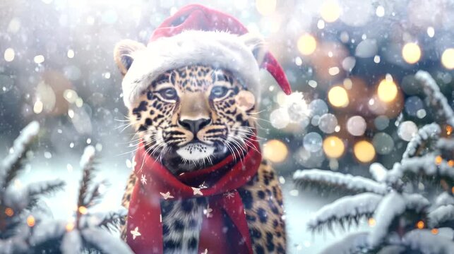 a festive wallpaper featuring cute deer dressed in Santa hats and scarves, christmas decoration tree. seamless looping time-lapse virtual 4k video animation background