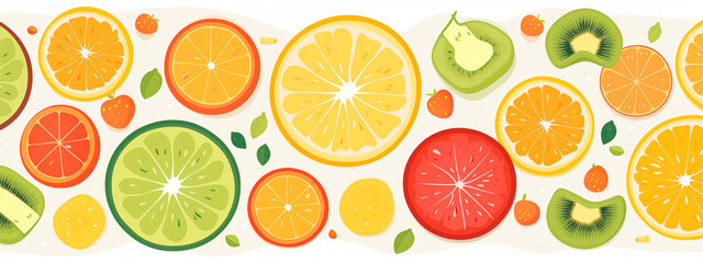 Colorful Citrus Fruit Pattern Featuring Orange Lemon Lime Kiwi And Strawberry Slices With Leaf Accents