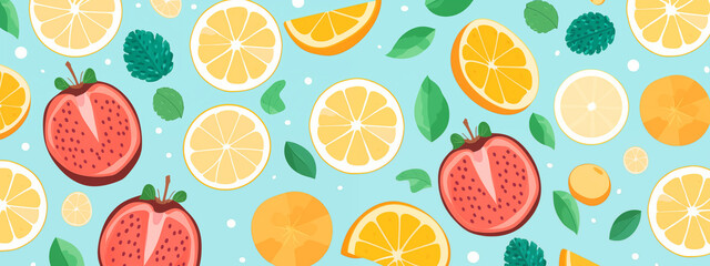 Fruit Pattern Featuring Lemons Oranges Strawberries And Leaves On A Blue Background