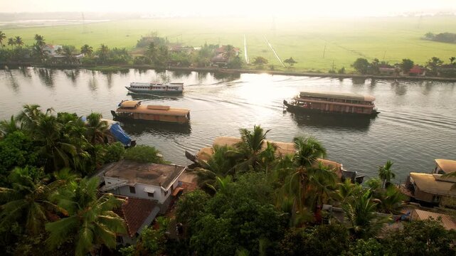 Houseboat Cruises Along Canals In Alleppey, Aerial View, Kerala, India. Houseboats in backwaters Alleppey. Travel, Vacation concept